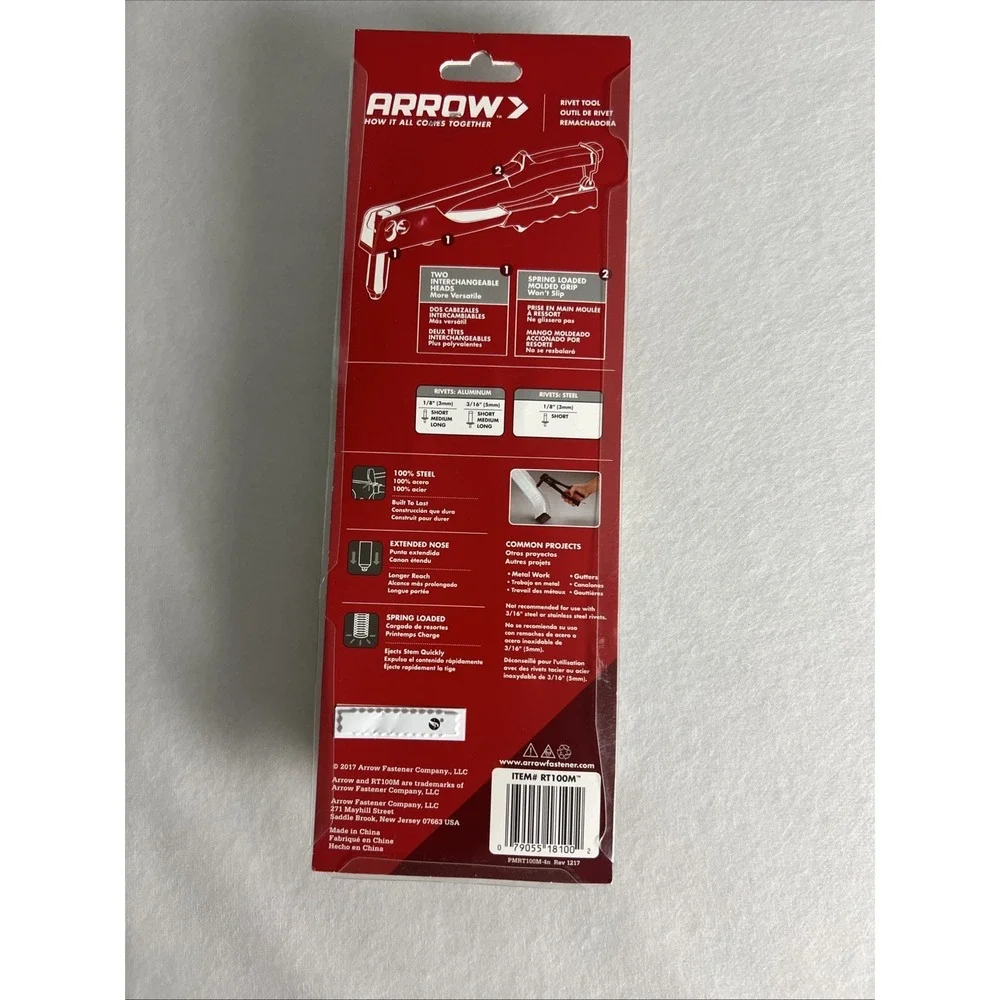 Arrow One-Handed Swivel Riveter Tool RT100M Molded Grip 100% Steel Red E25‎